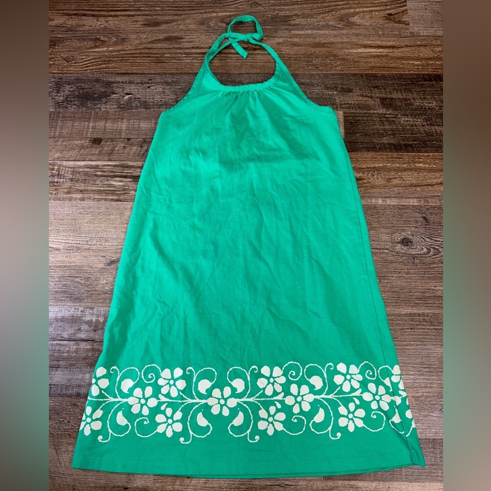 Hanna Andersson Green Floral Border Halter Dress Size 130 (Girls 7/8)